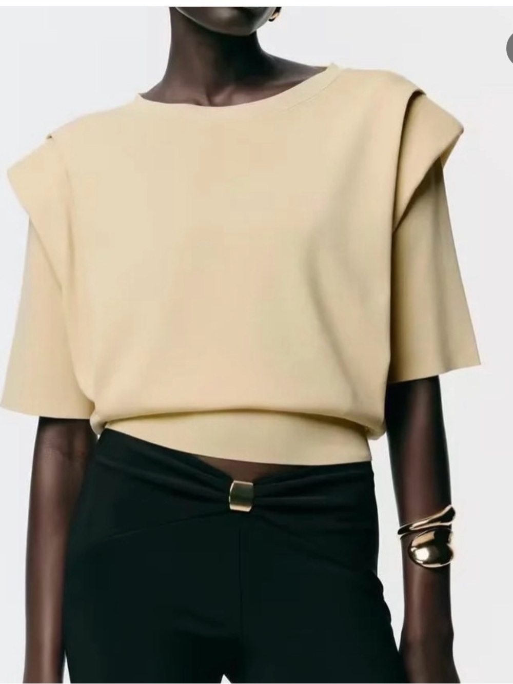 Zara Cream Short-Sleeve Shoulder-Detail Crop Top